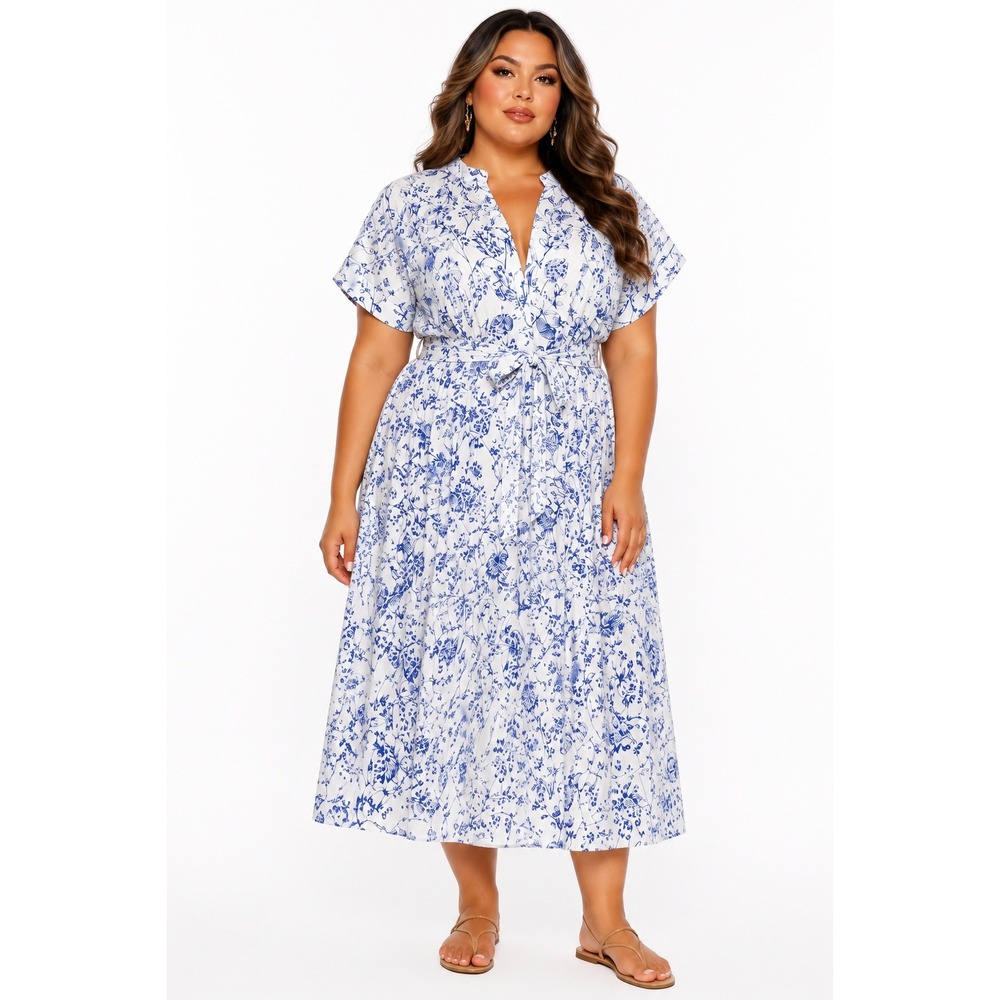 41 Hawthorn Paris Knit Poplin Maxi Dress White Blue Floral Bird Toile 2X New
